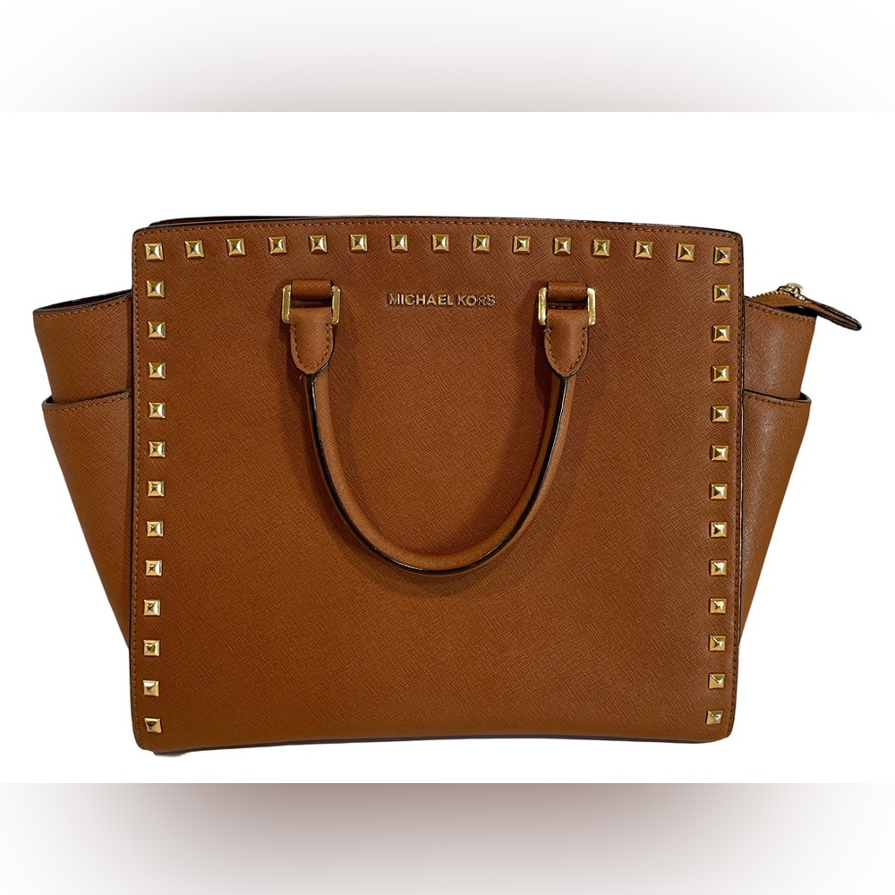 MK Selma large studded brown saffiano leather satchel  XL